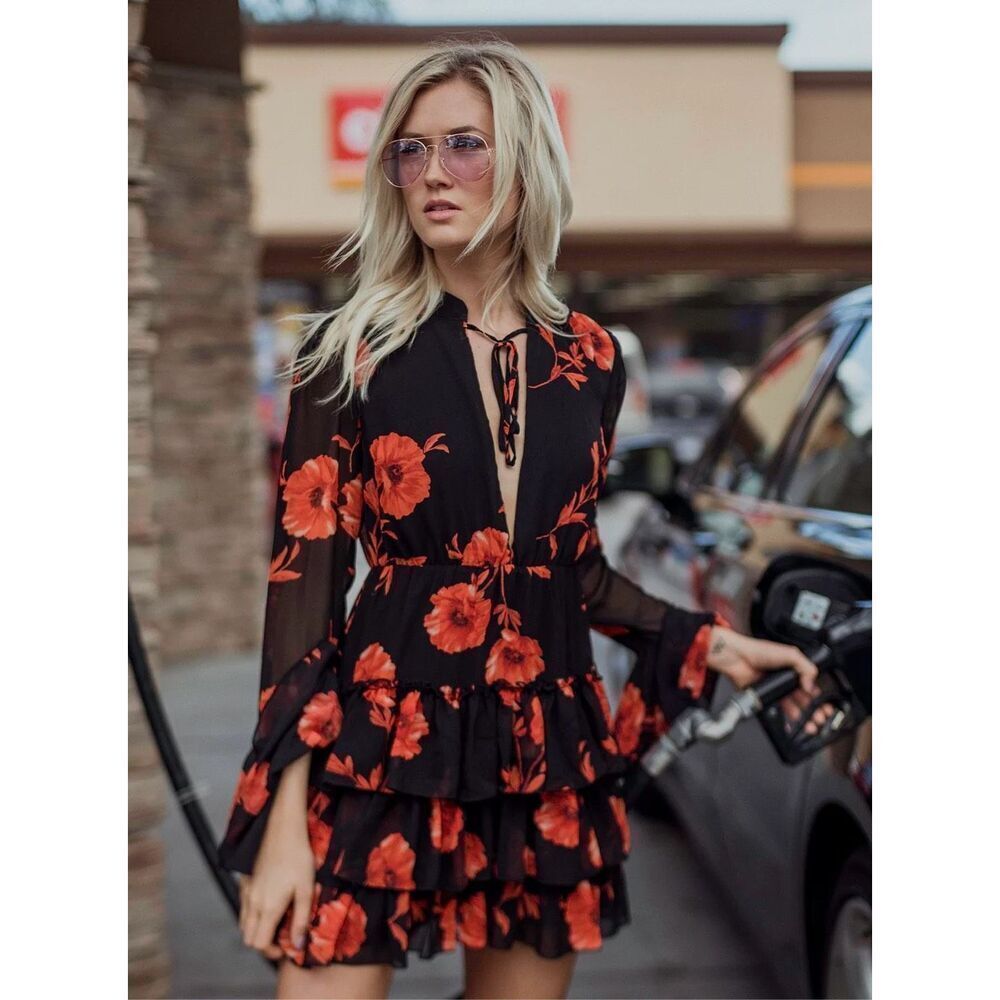 Forever 21 Black Red Floral Tiered Ruffle Mini Dress Small